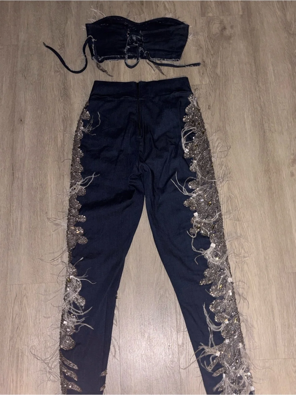 Embellished Navy Two-Piece Set with Feather & Crystal Appliqué